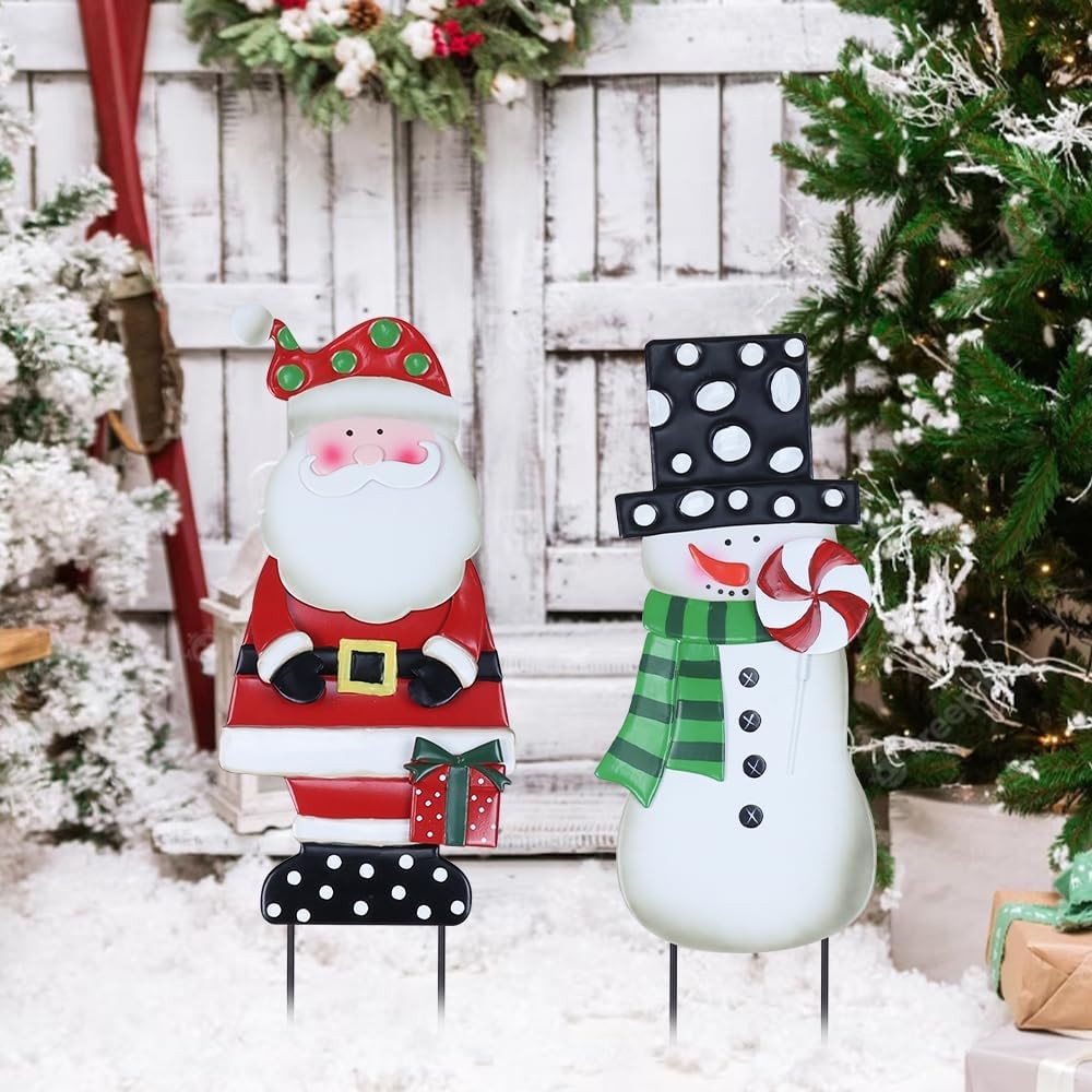 2 Pack Metal Snowman Santa Claus Decorative Garden Stakes for Christmas Decor Yard Signs for Garden